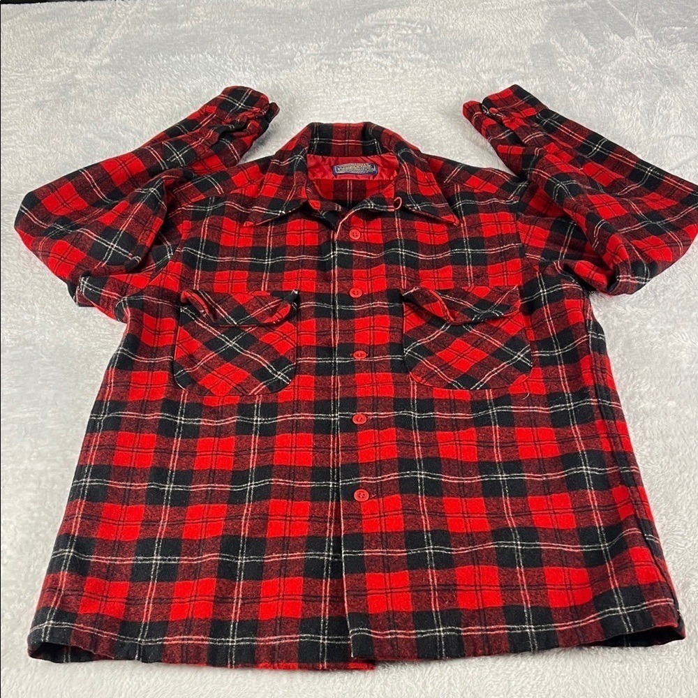 Pendleton Board‎ Shirt Mens M Red Black Vintage Wool Plaid Flannel